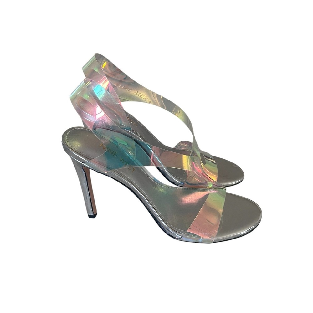 Nine West Ilene3 Silver Iridescent Holographic Slingback Heel Sandals 6.5M NEW